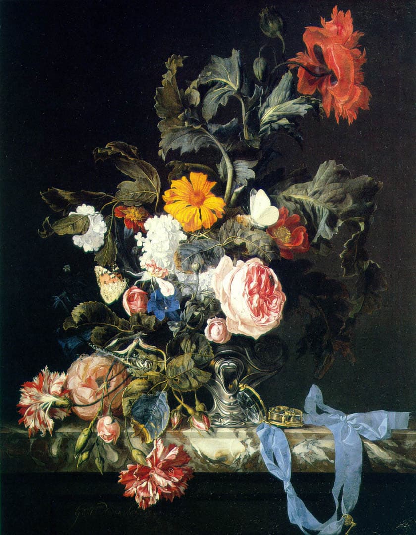 A dark floral still life with luminous blossoms, dense leaves, and delicate butterflies arranged against a deep background.