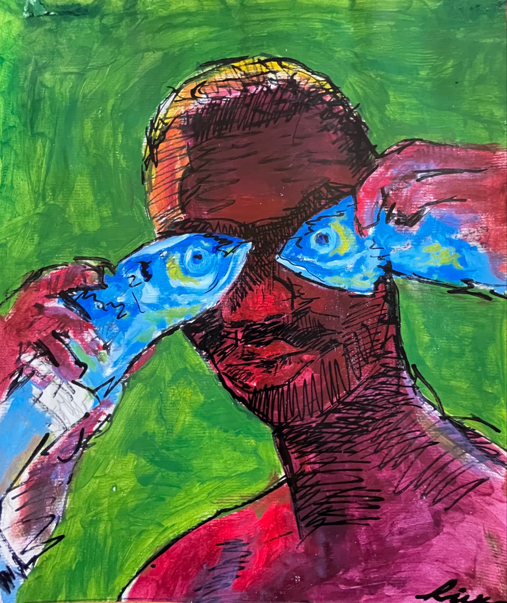 A vivid portrait-like composition where blue fish cross the eyes of a red figure against a green painted background.