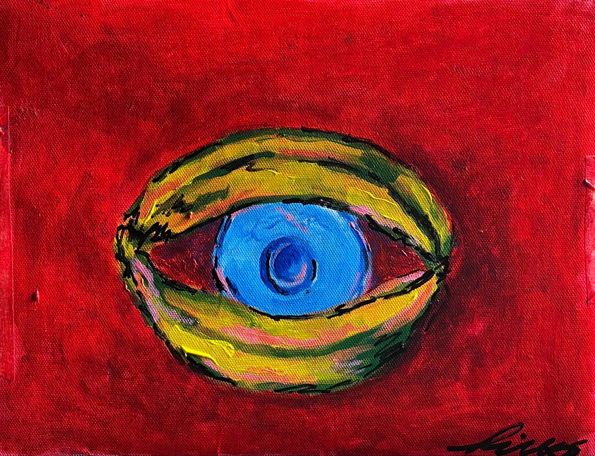 A simplified, expressive eye motif rendered in bold color as a symbol of awareness and introspection.