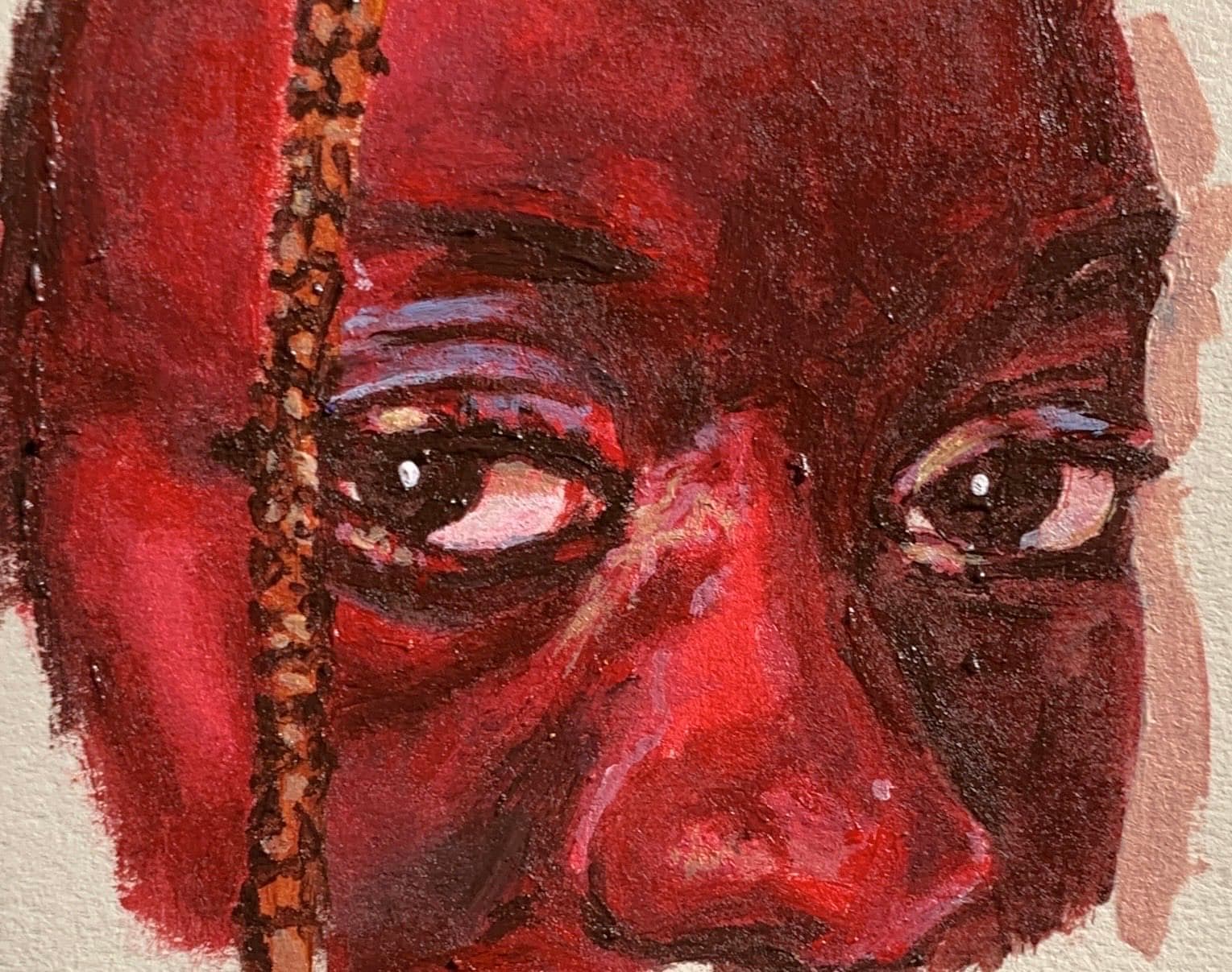 An expressive portrait in crimson and shadow with a direct gaze and saturated color fields around the face.